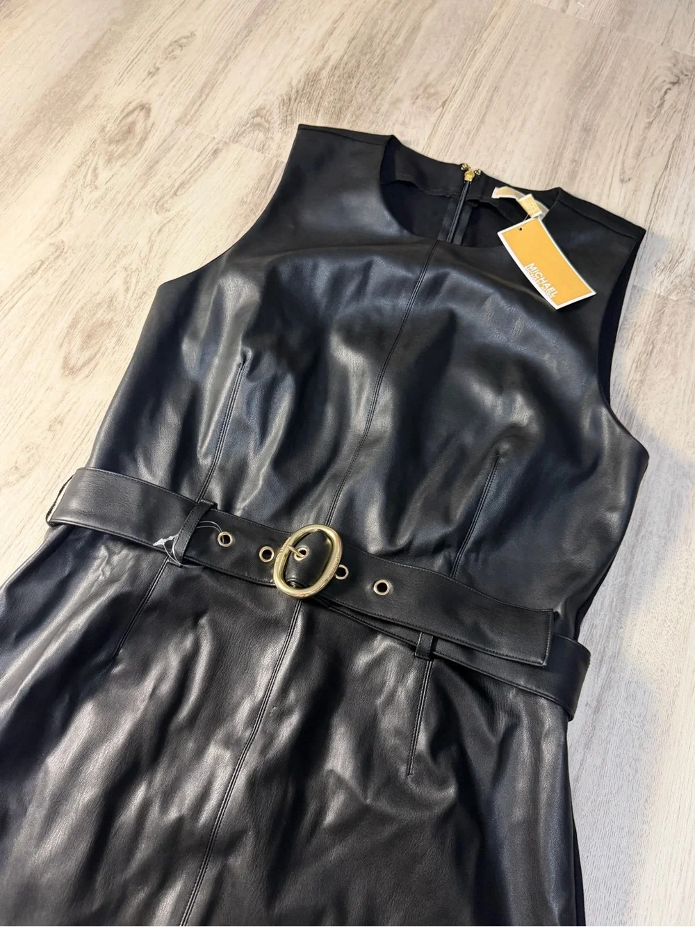 Michael Kors Black Faux Leather Belted Midi Dress